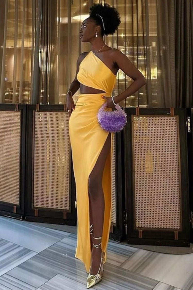 One Shoulder Cutout High Split Silky Evening Maxi Dress - Yellow - View 4