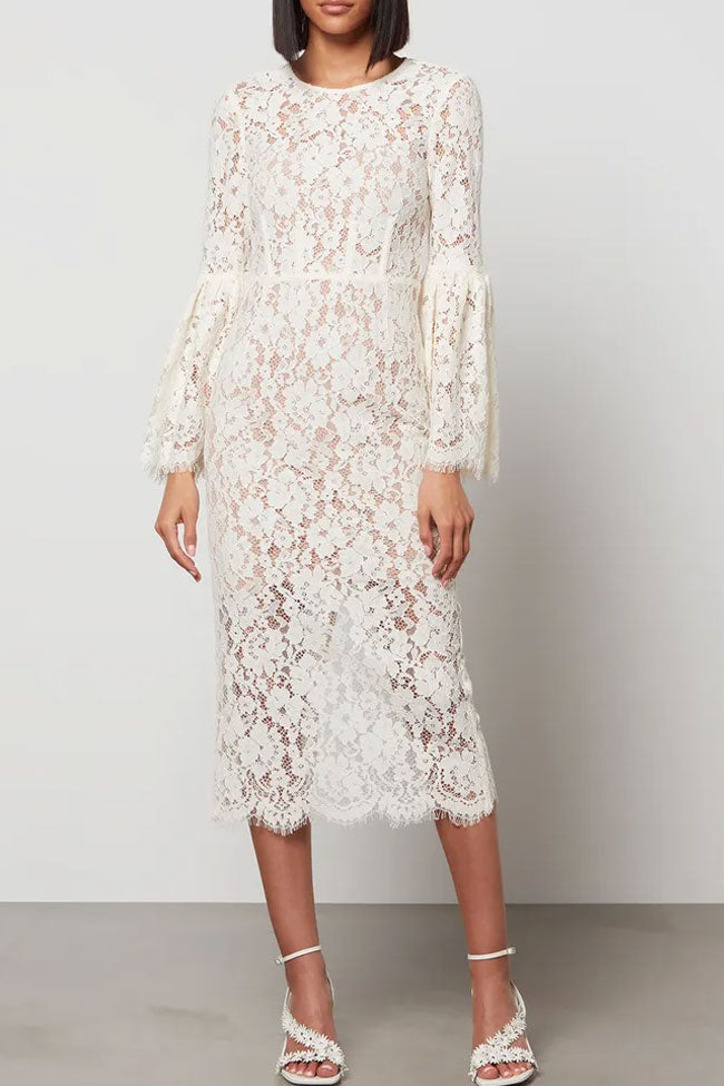 Elegant Round Neck Eyelash Bell Sleeve Sheath Lace Midi Dress - White