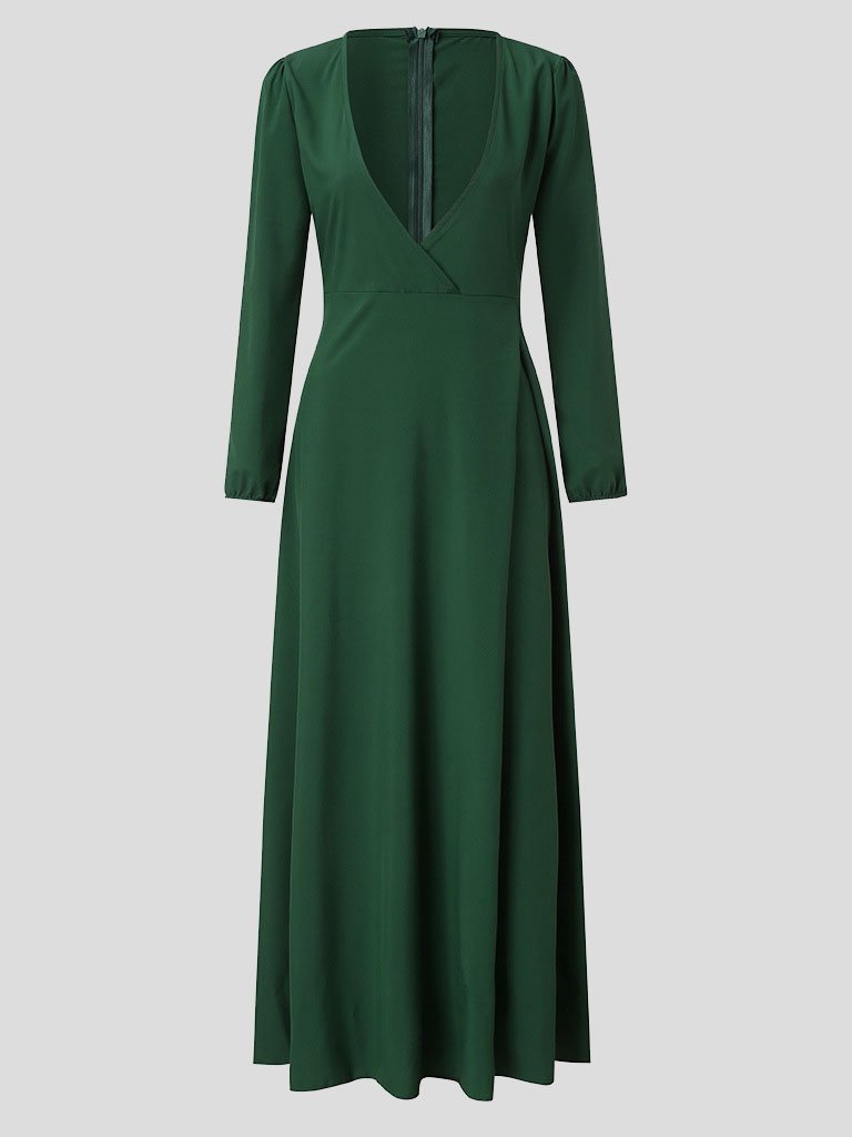 Deep V-Neck Long Sleeve Wrap Tie Belt Fit and Flare Maxi Dress - View 12