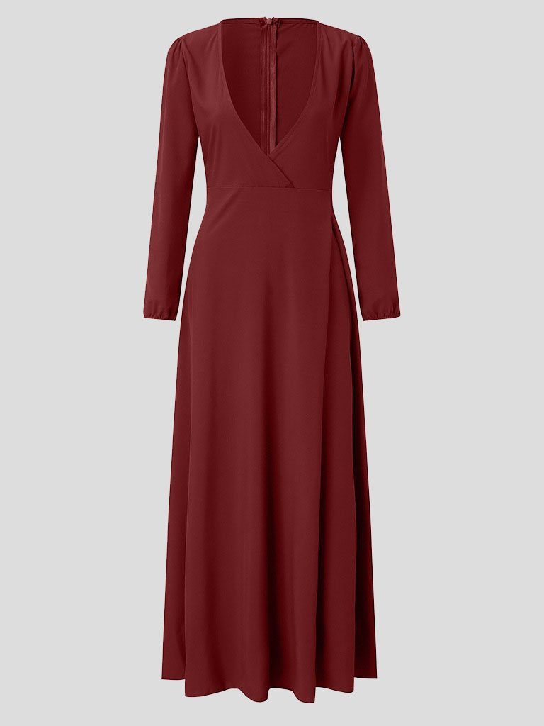Deep V-Neck Long Sleeve Wrap Tie Belt Fit and Flare Maxi Dress - View 11