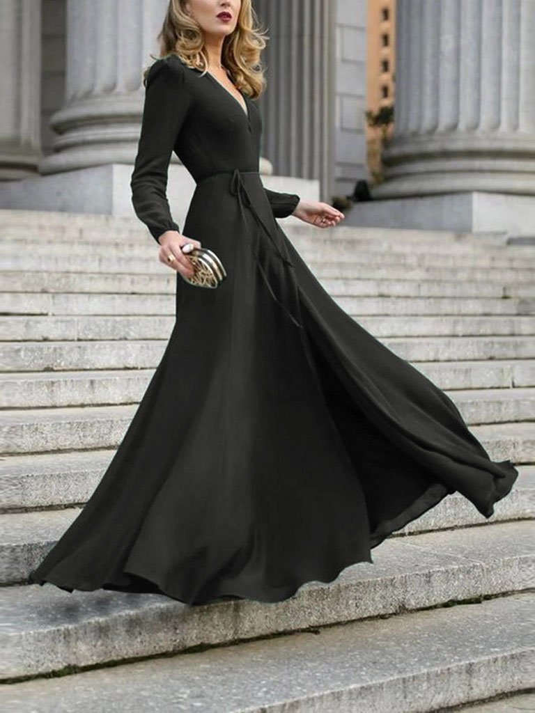 Deep V-Neck Long Sleeve Wrap Tie Belt Fit and Flare Maxi Dress - View 2