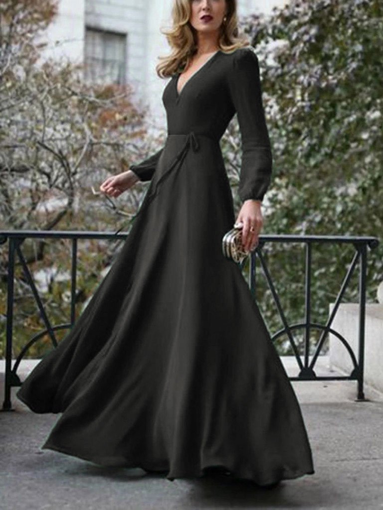 Deep V-Neck Long Sleeve Wrap Tie Belt Fit and Flare Maxi Dress - View 3