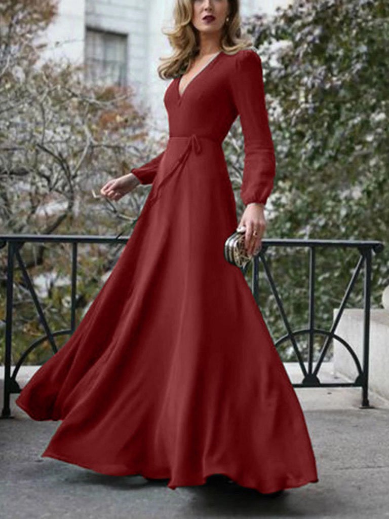 Deep V-Neck Long Sleeve Wrap Tie Belt Fit and Flare Maxi Dress - View 10