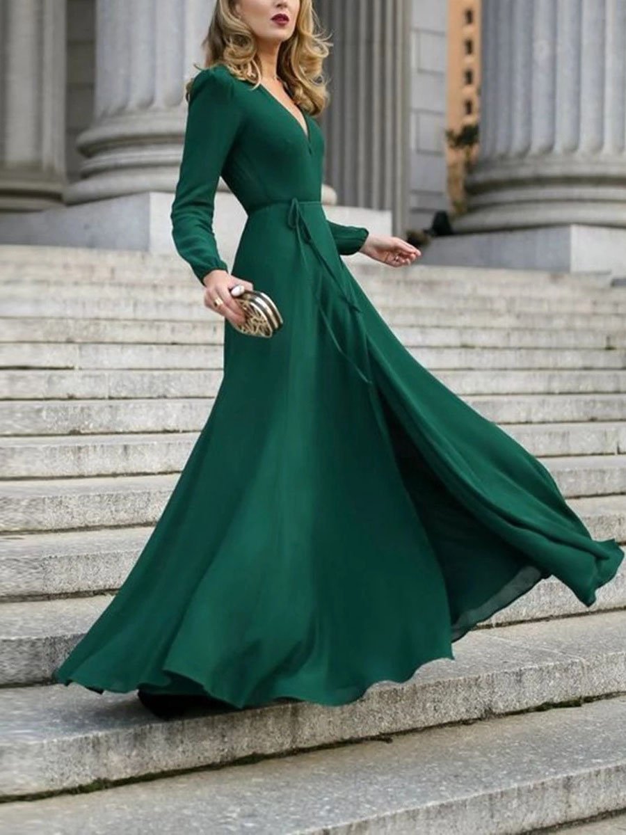 Deep V-Neck Long Sleeve Wrap Tie Belt Fit and Flare Maxi Dress - View 6