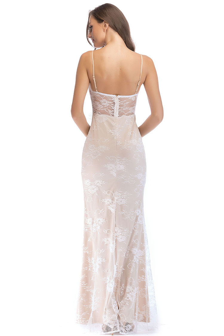Sweetheart Spaghetti Strap High Split Evening Maxi Dress - Beige - View 3