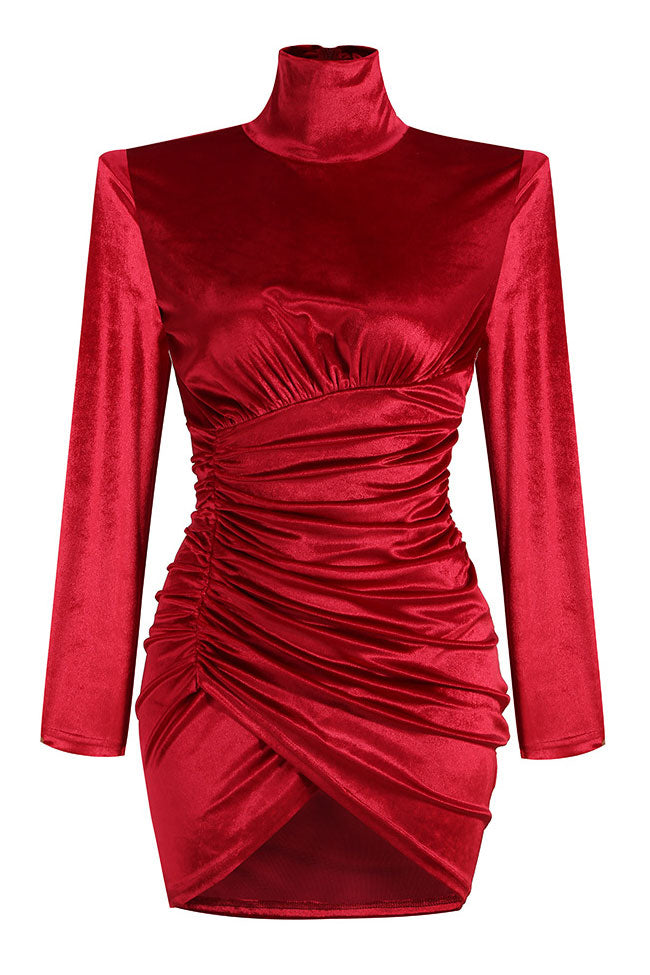 Turtleneck Long Sleeve Ruched Cocktail Party Dress - Hot Pink