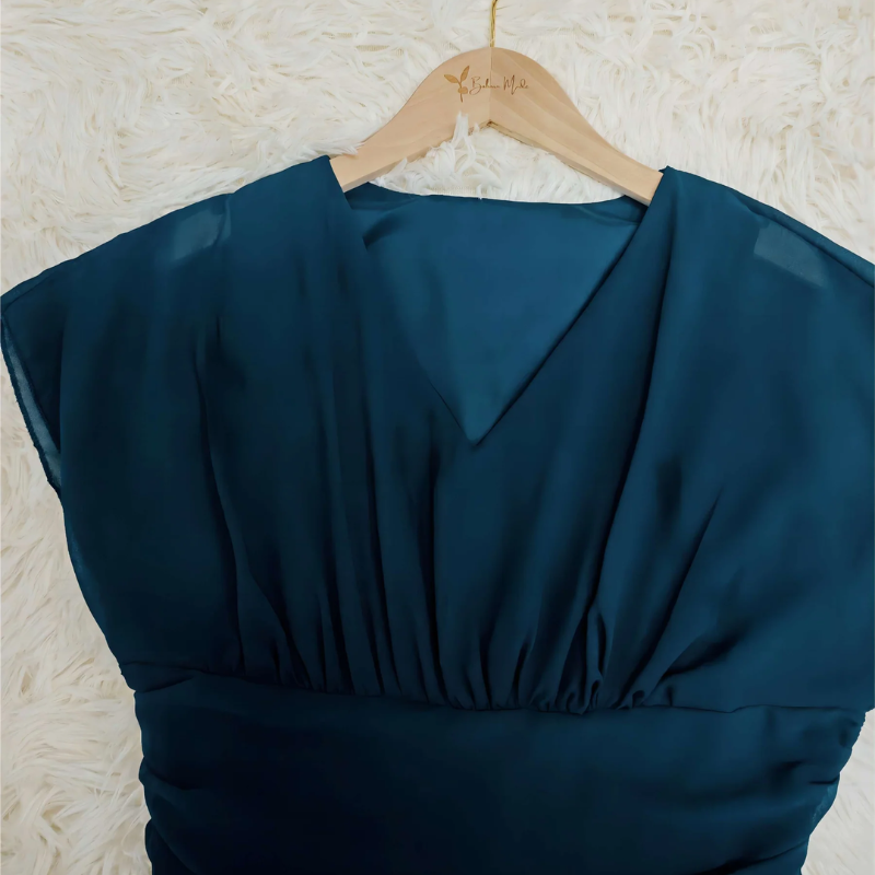 Chiffon Deep V-Neck Flutter Sleeve Ruched Waist Layered Gown - View 3