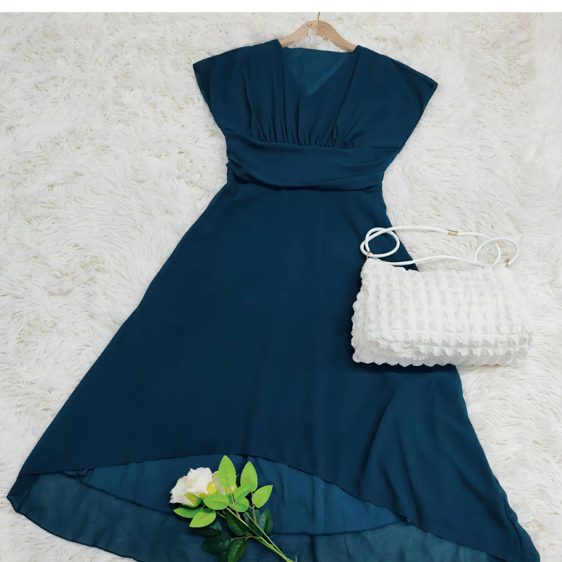 Chiffon Deep V-Neck Flutter Sleeve Ruched Waist Layered Gown - View 2