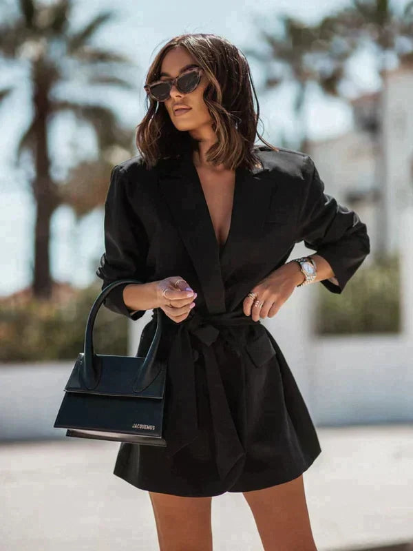 Long Sleeve Notched Lapel Tie Waist Flap Pocket Blazer Mini Dress