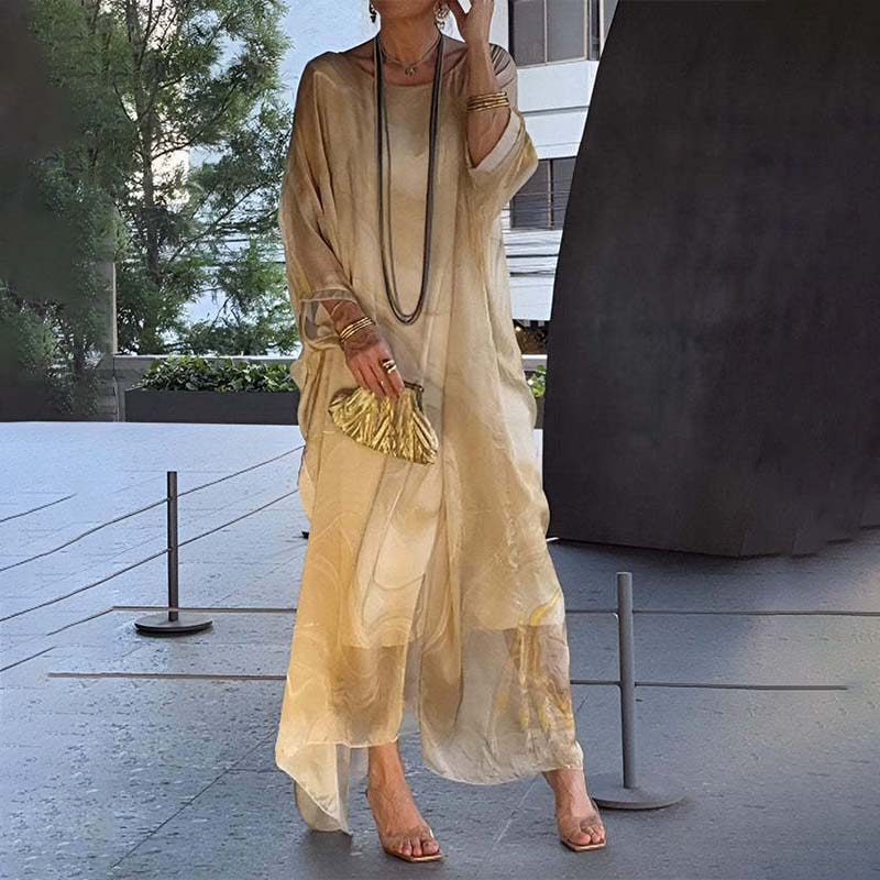 Marble Print Long Sleeve Kaftan Chiffon Maxi Dress - View 2