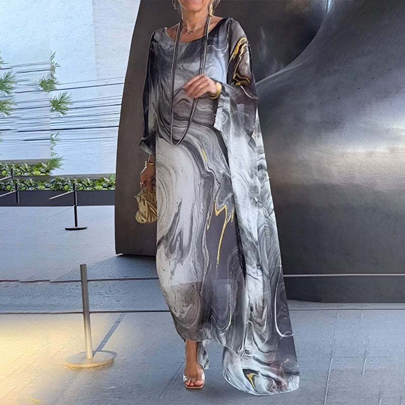 Marble Print Long Sleeve Kaftan Chiffon Maxi Dress - View 3