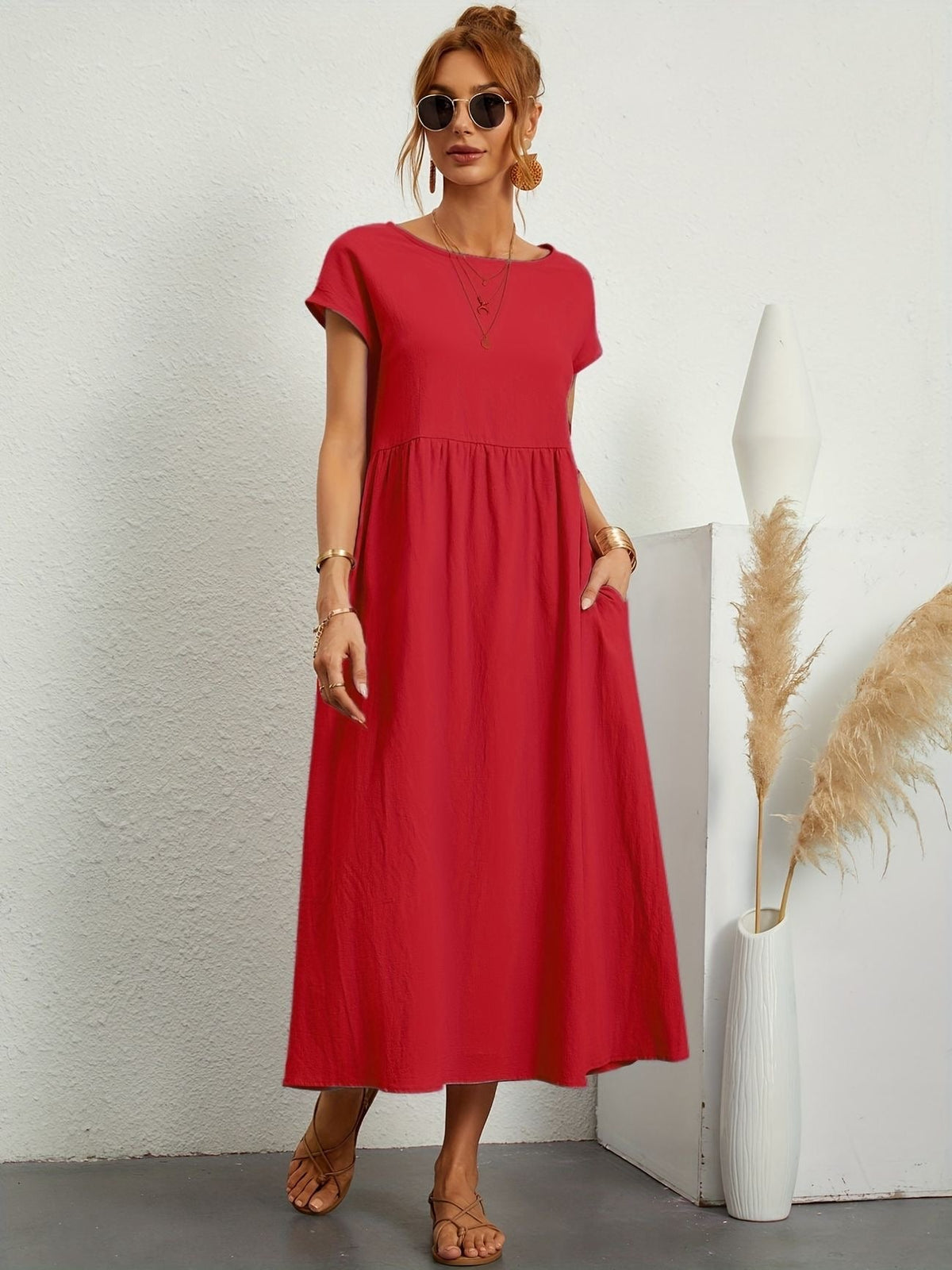 Round Neck Short Sleeve Smock Waist A-Line Maxi Dress - View 4