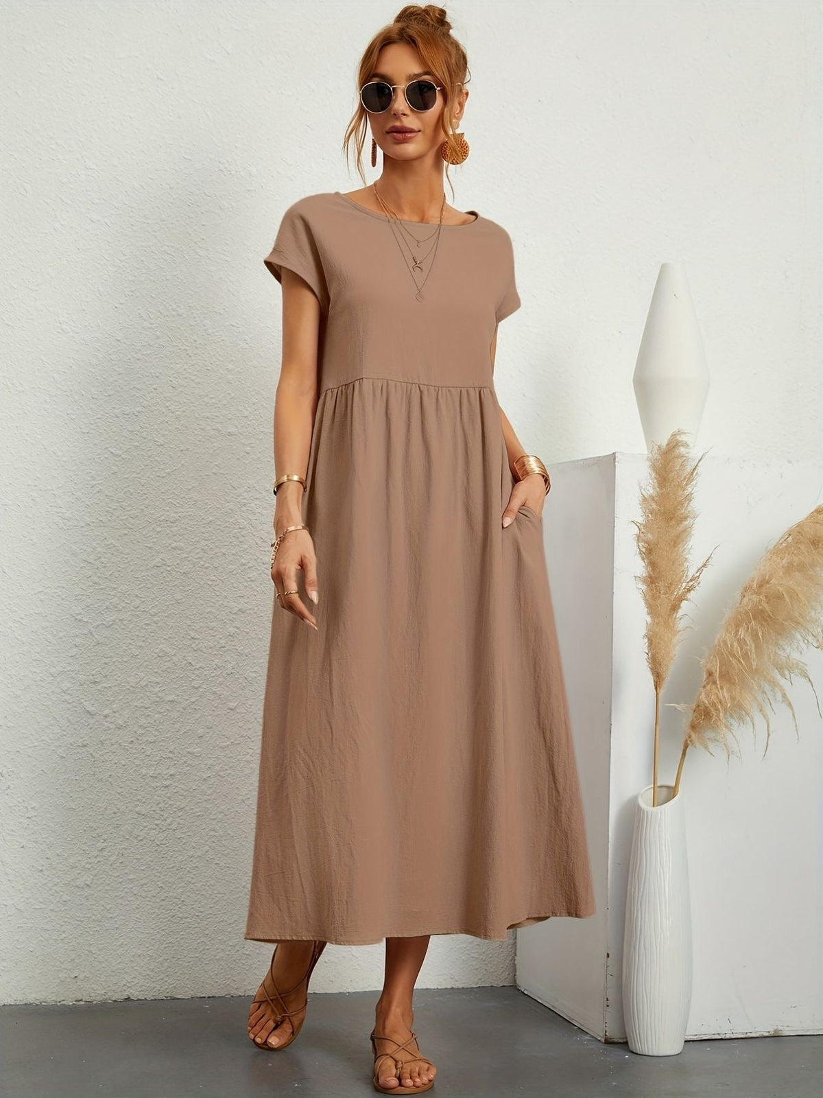 Round Neck Short Sleeve Smock Waist A-Line Maxi Dress - View 12