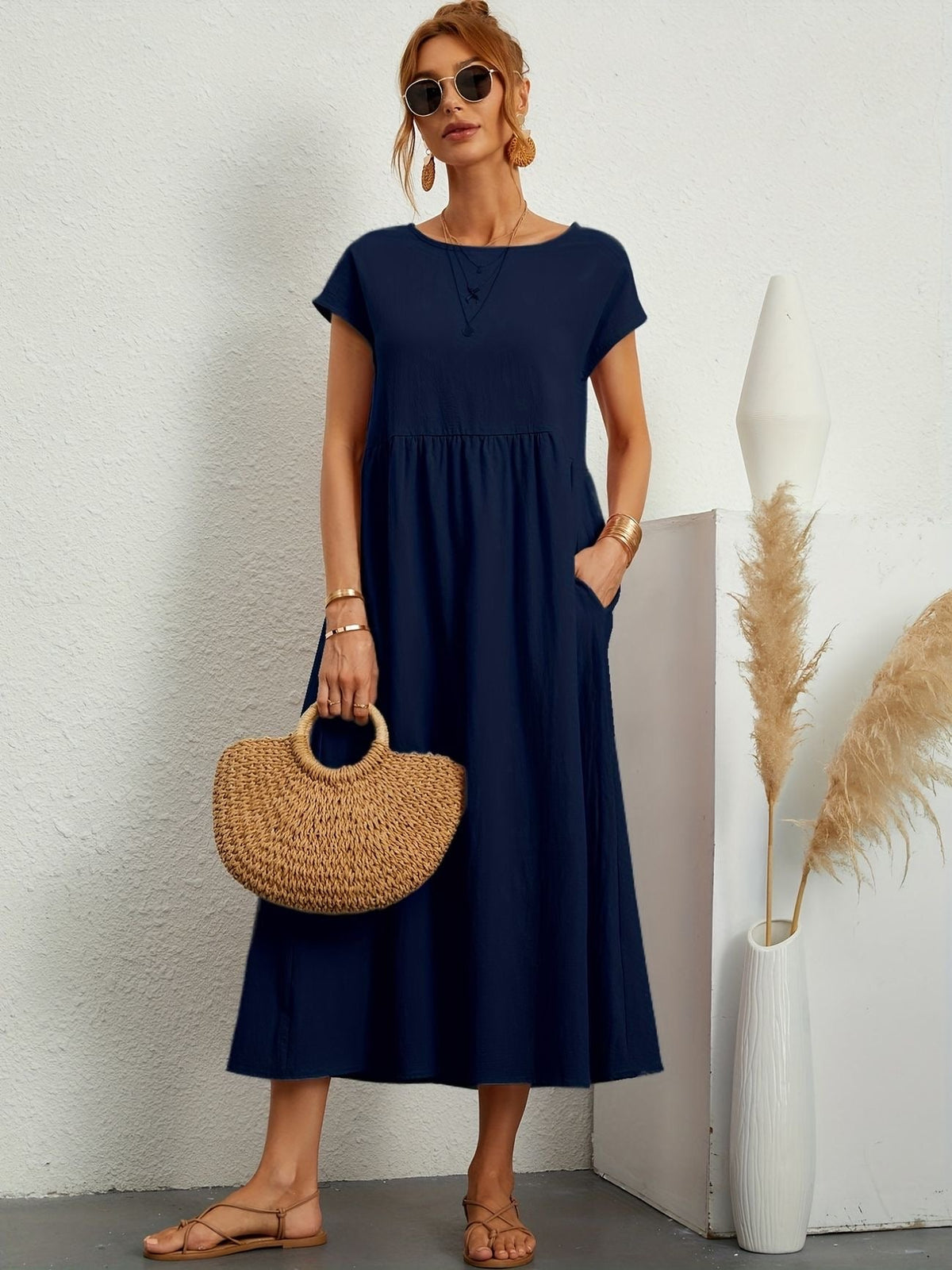Round Neck Short Sleeve Smock Waist A-Line Maxi Dress - View 2