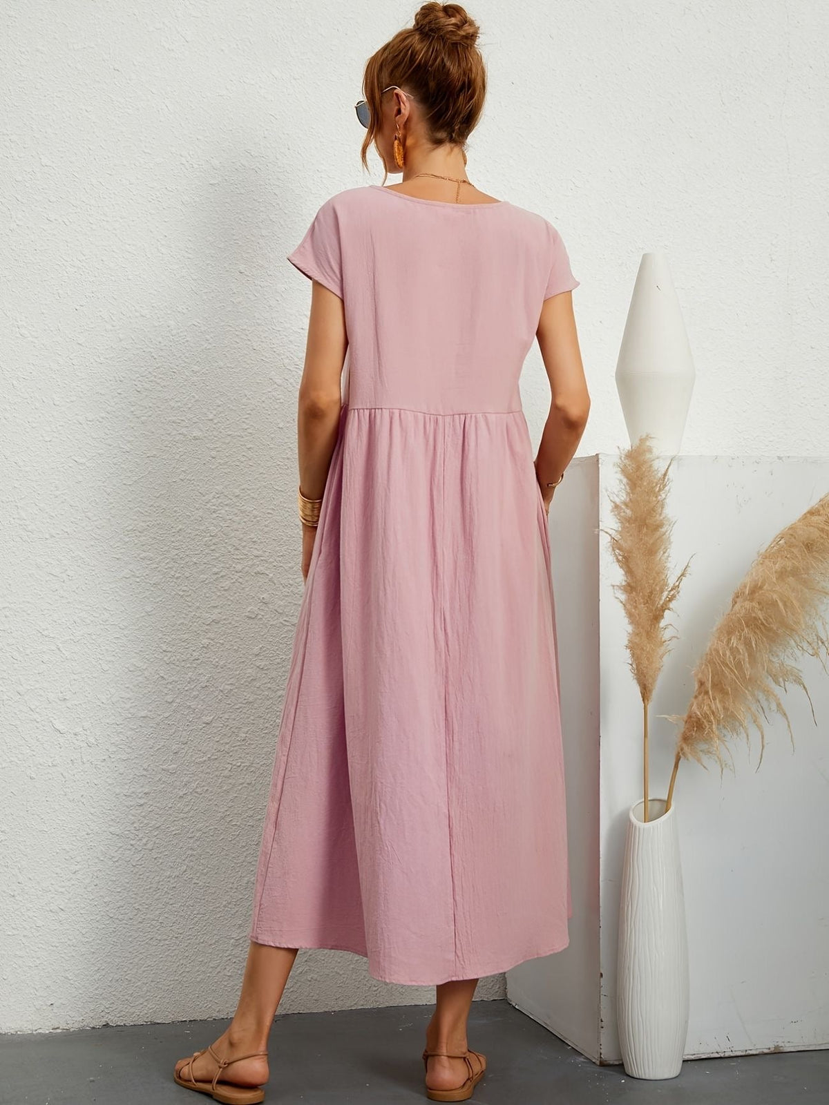 Round Neck Short Sleeve Smock Waist A-Line Maxi Dress - View 19