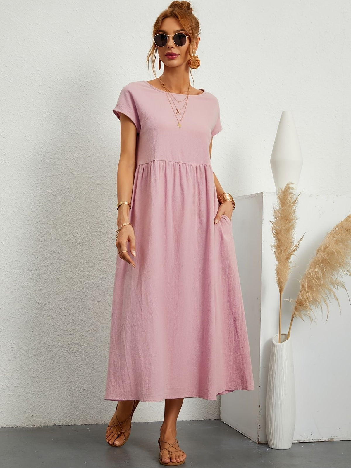 Round Neck Short Sleeve Smock Waist A-Line Maxi Dress - View 18