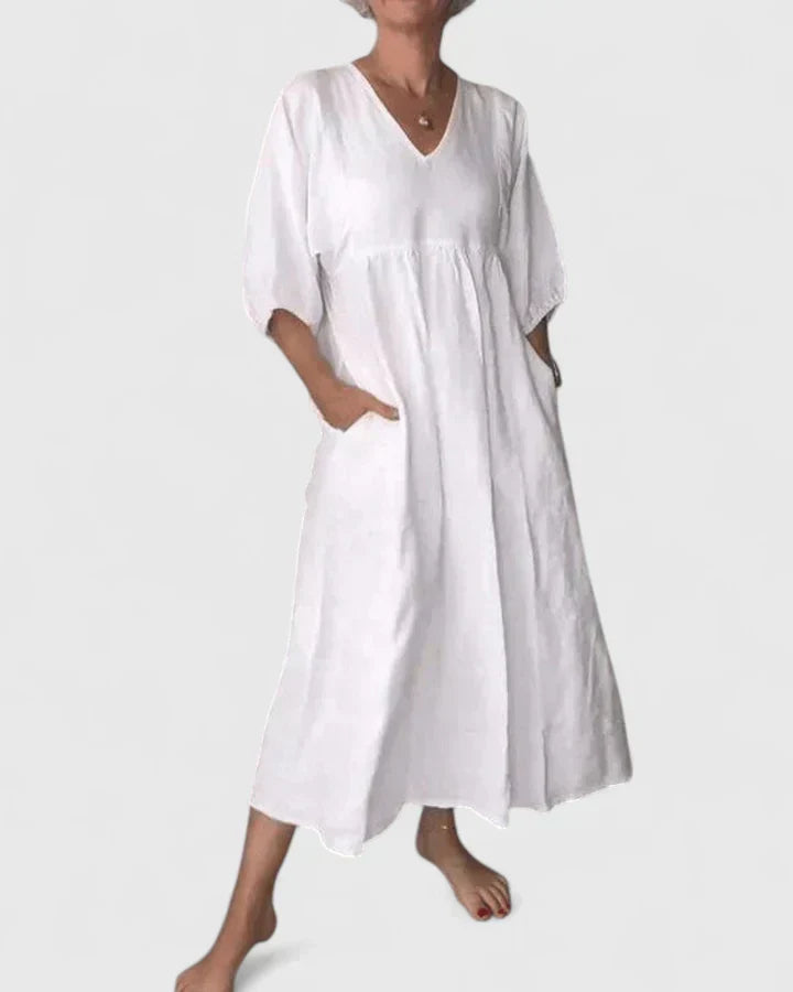 V-Neck Half Sleeve Pocket Pleated Midi Dress 2