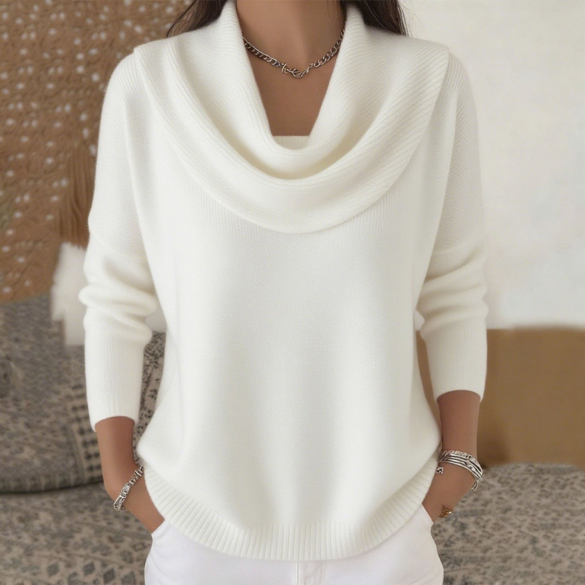 Cowl Neck Long Sleeve Curved Hem Knit Sweater 10