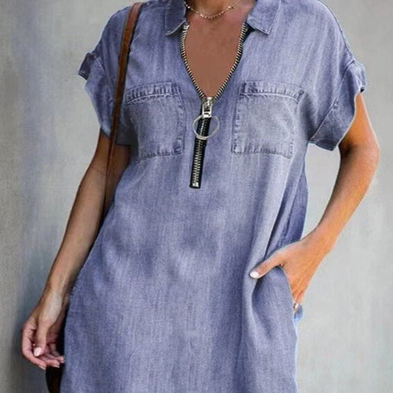 Zip Front Collar Short Sleeve Denim Shirt Midi Dress - View 4