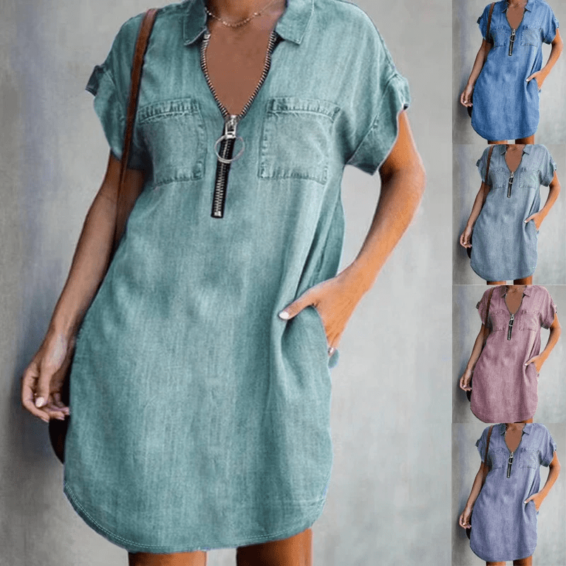 Zip Front Collar Short Sleeve Denim Shirt Midi Dress