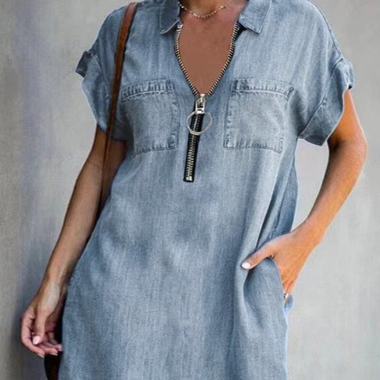 Zip Front Collar Short Sleeve Denim Shirt Midi Dress - View 3
