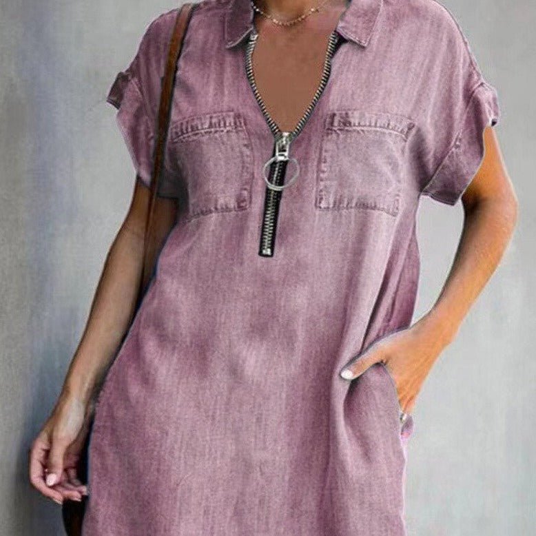 Zip Front Collar Short Sleeve Denim Shirt Midi Dress - View 5