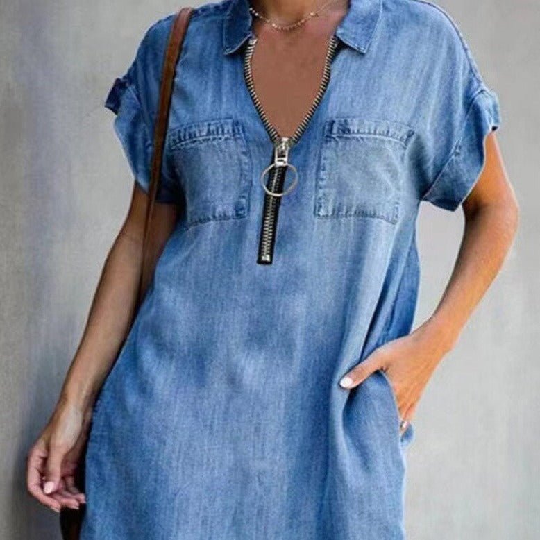 Zip Front Collar Short Sleeve Denim Shirt Midi Dress - View 2