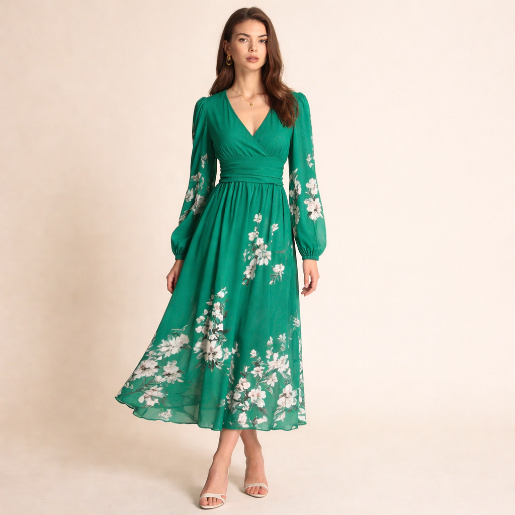 Floral V-Neck Long Sleeve Pleated Chiffon Maxi Dress 16