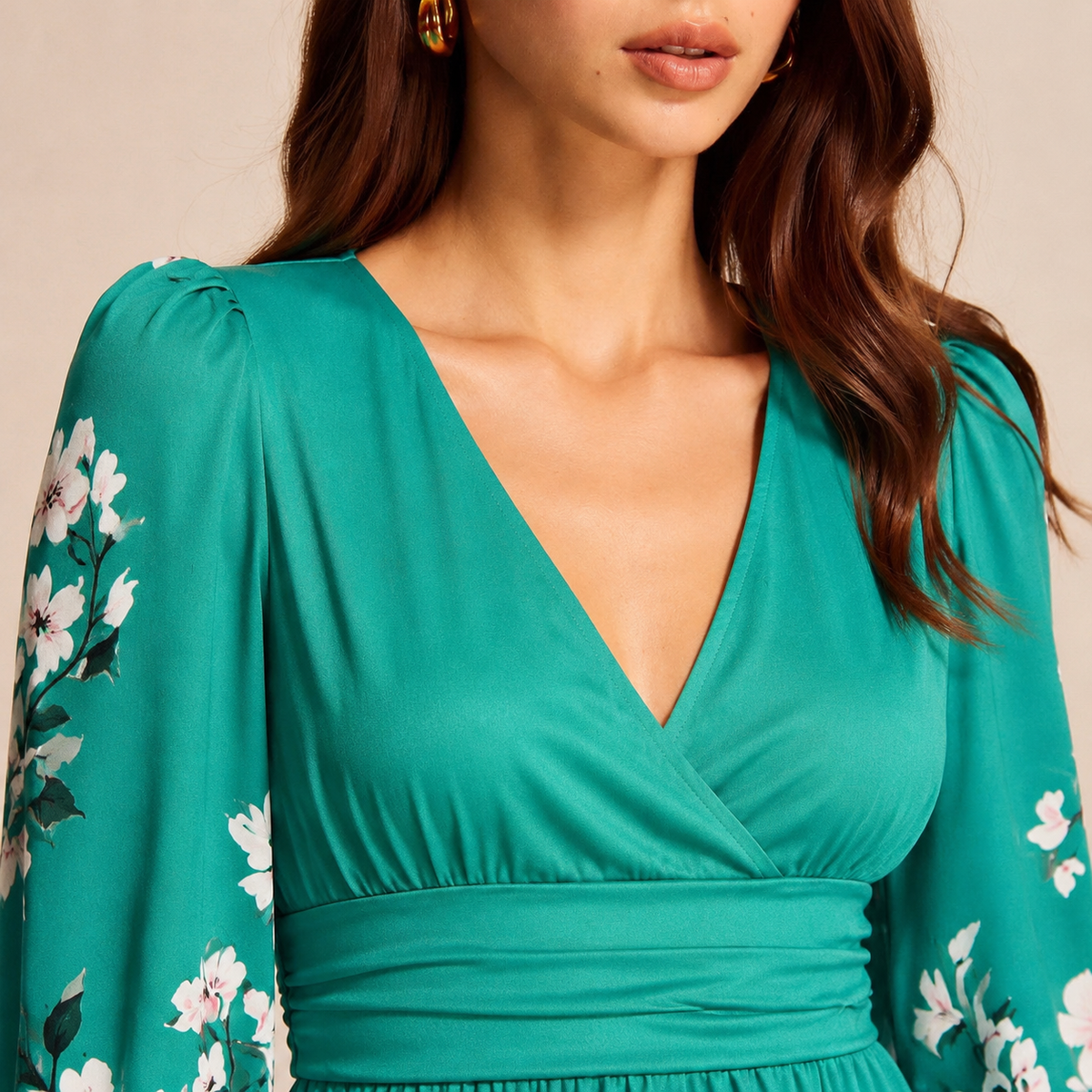 Floral V-Neck Long Sleeve Pleated Chiffon Maxi Dress 17