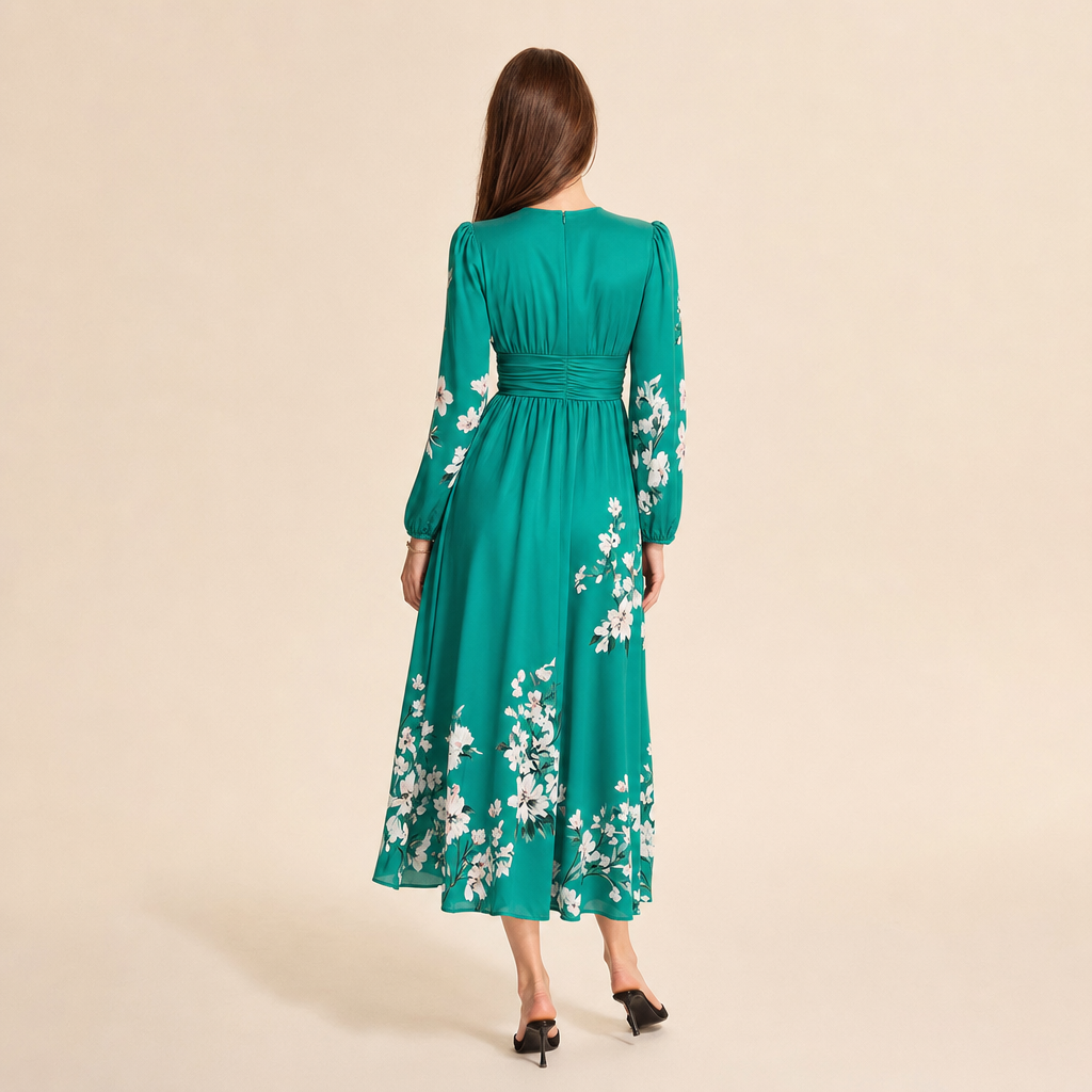 Floral V-Neck Long Sleeve Pleated Chiffon Maxi Dress 18
