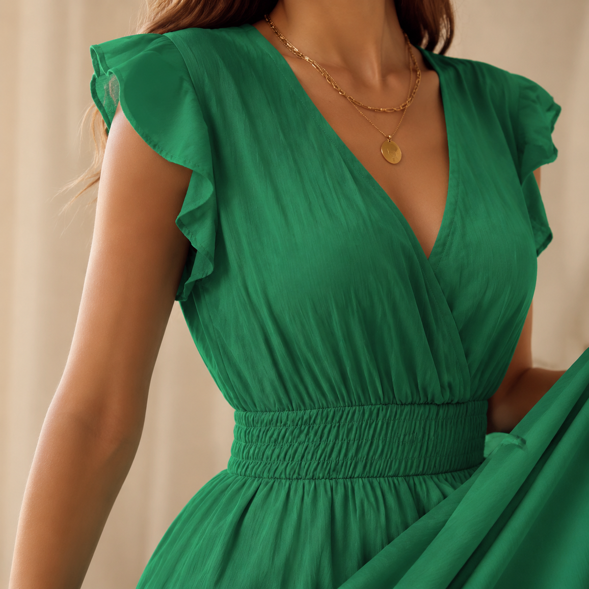 V-Neck Flutter Sleeve Shirred Waist Tiered Maxi Dress 5