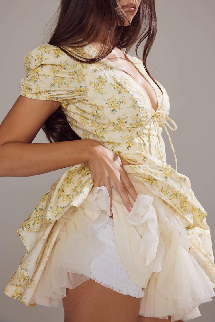 Floral Deep V-Neck Puff Sleeve Corset Tiered Mini Dress - View 6