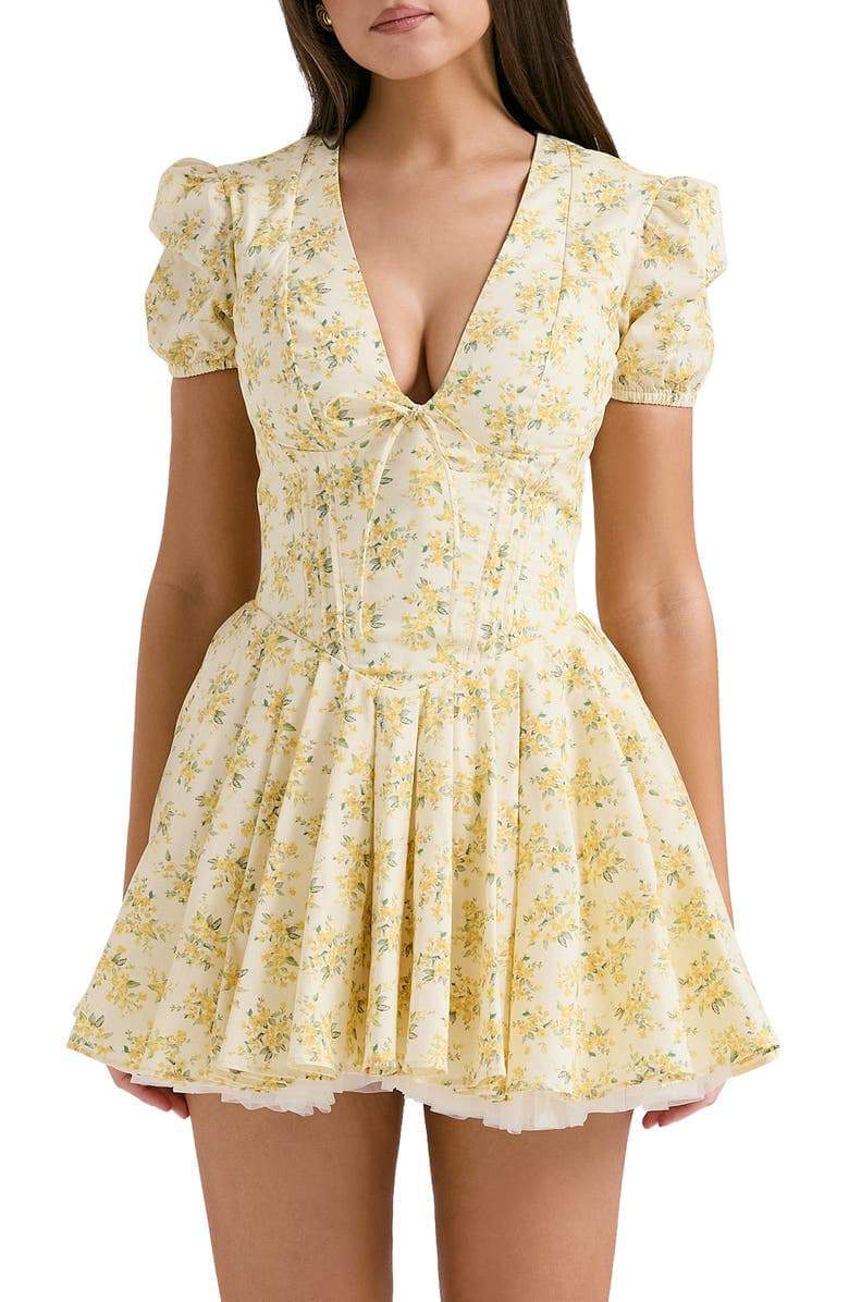Floral Deep V-Neck Puff Sleeve Corset Tiered Mini Dress - View 3