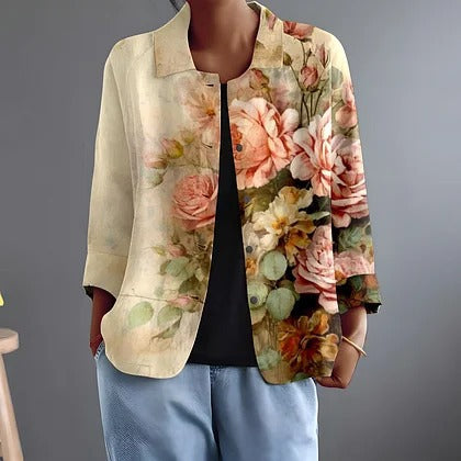 Floral Print Stand Collar Open Front Jacket