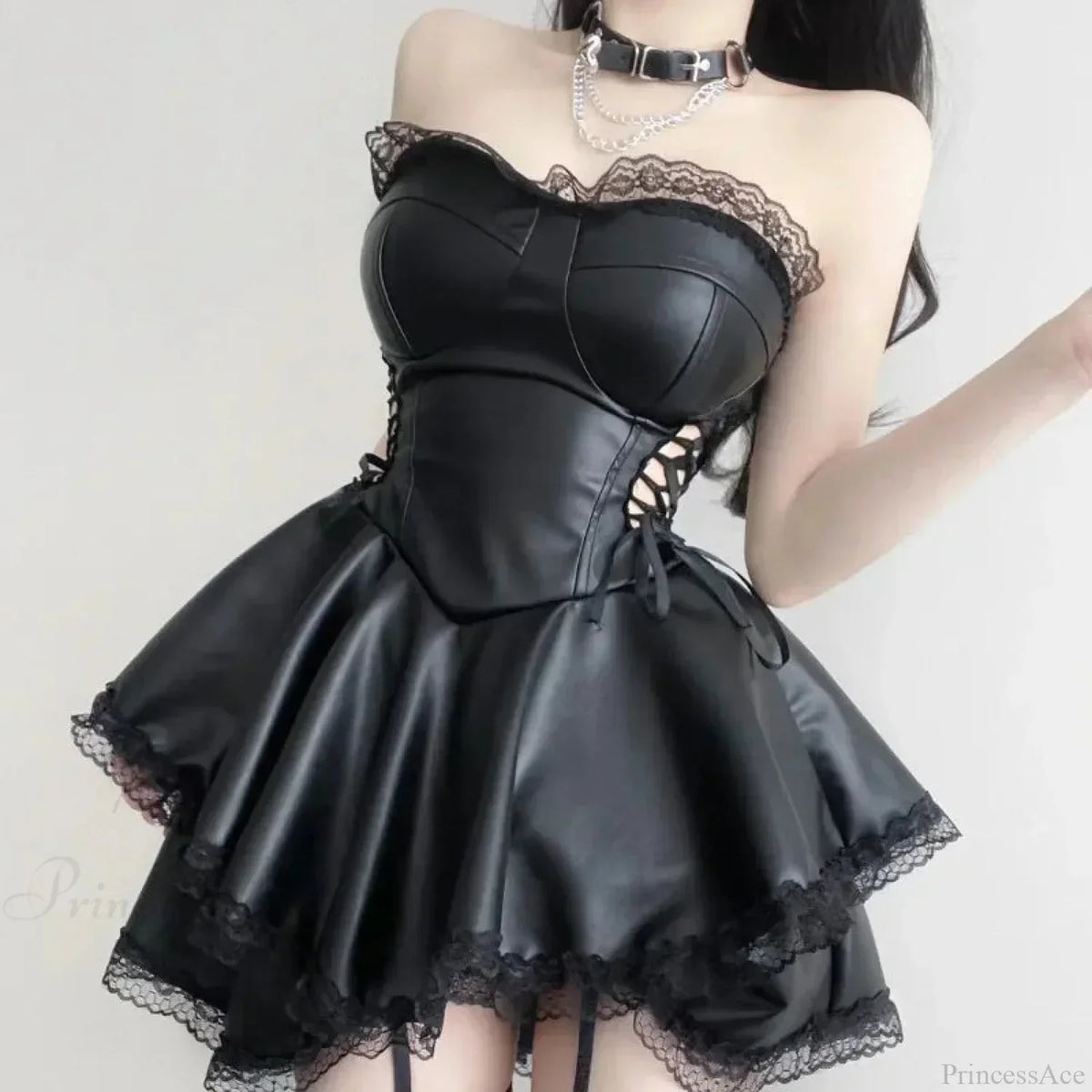 Faux Leather Strapless Lace Up Lace Trim A-Line Mini Dress - View 2