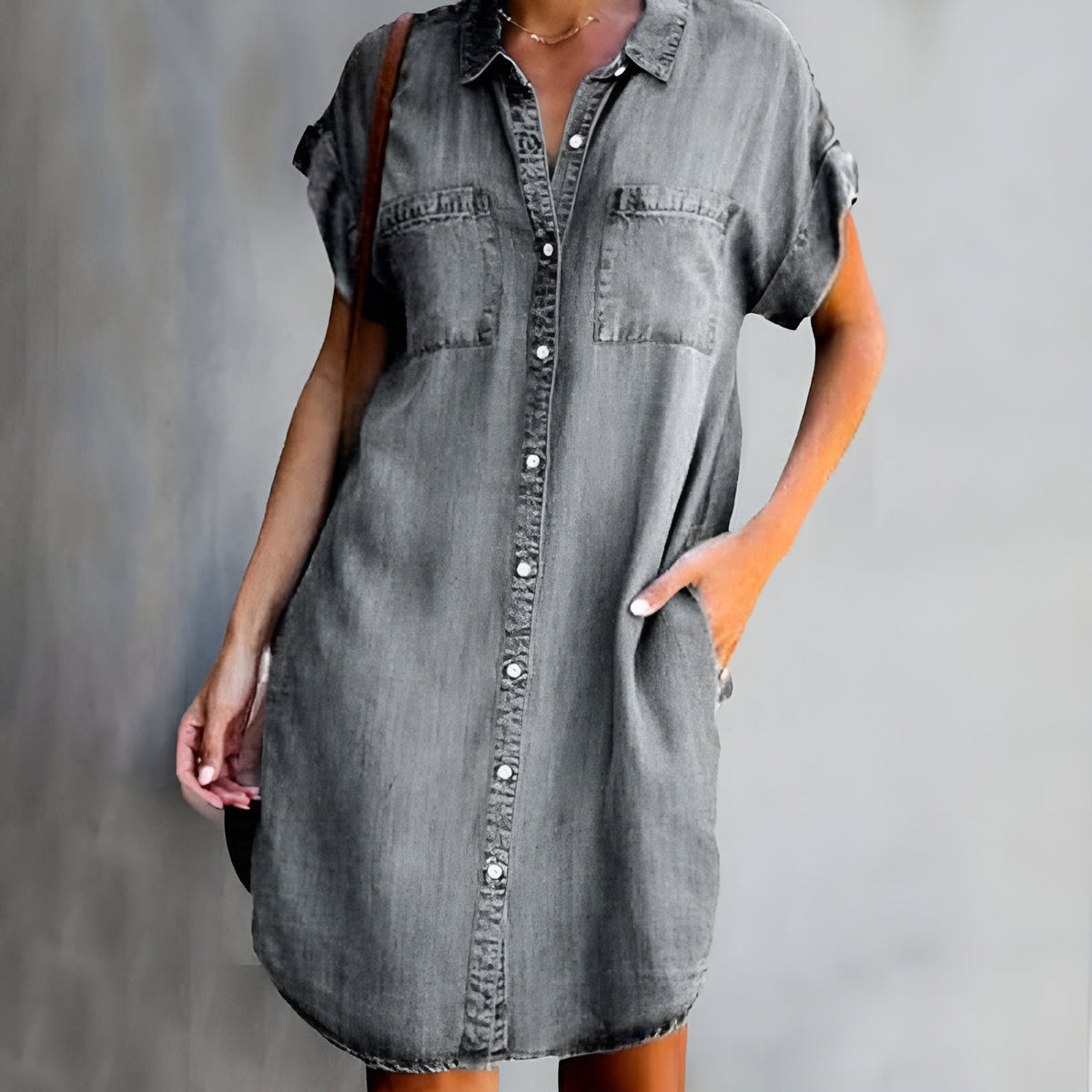 Denim Button Front Short Sleeve Pocket Shirt Dress 3