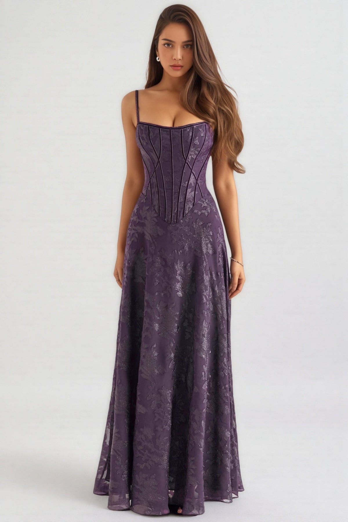 Floral Jacquard Sweetheart Corset A-Line Maxi Dress
