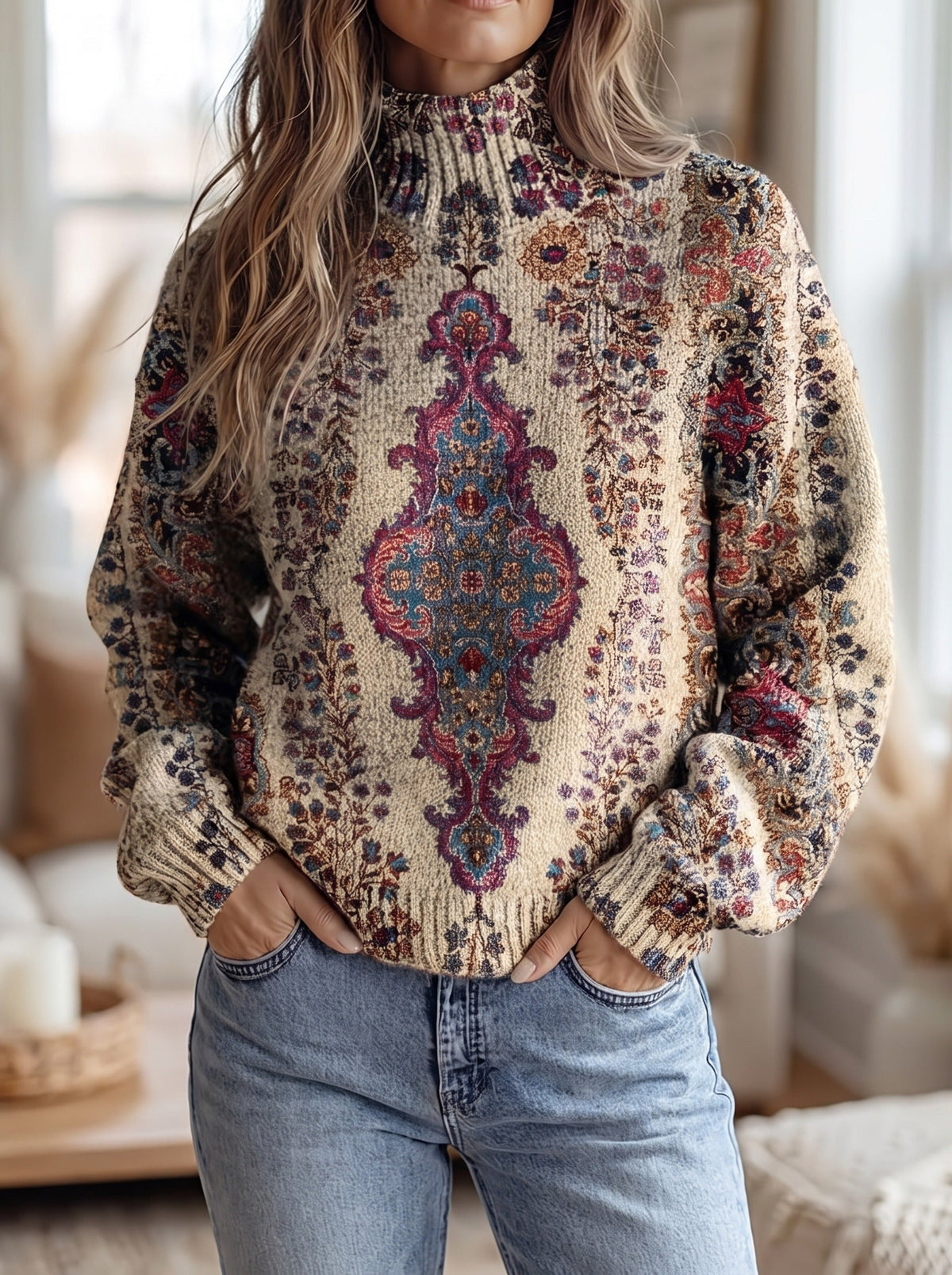 Vintage Medallion Print Mock Neck Knit Sweater