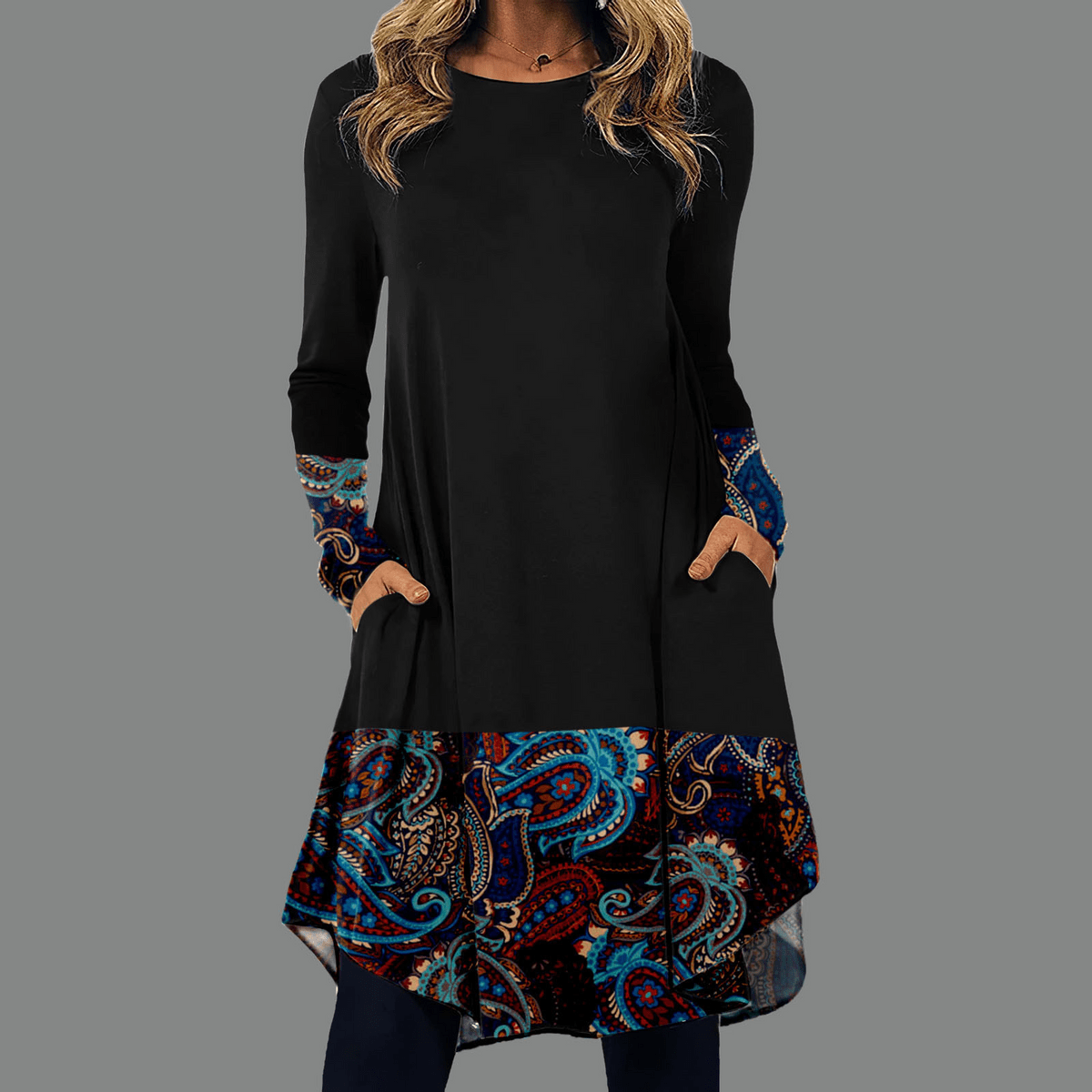 Knit Paisley Border Cuff Hem Long Sleeve Pocket Swing Tunic Dress