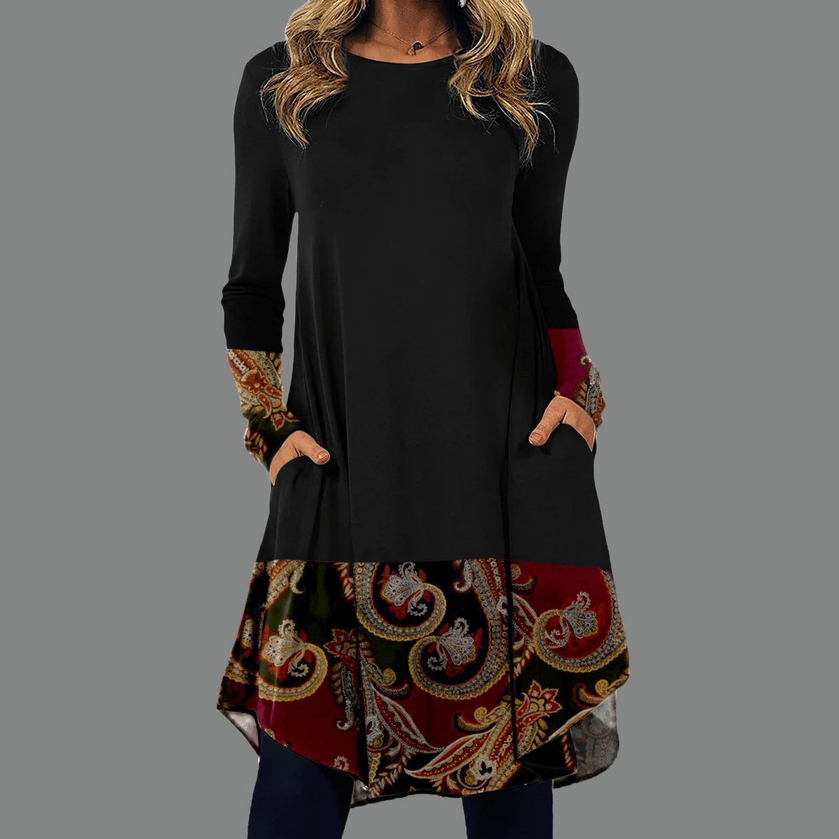 Knit Paisley Border Cuff Hem Long Sleeve Pocket Swing Tunic Dress - View 2