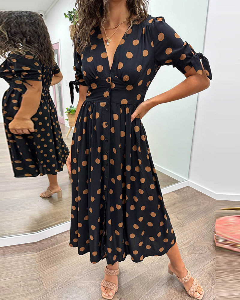 Polka Dot Deep V-Neck Button Front Puff Sleeve Tie Cuff Midi Dress - View 5