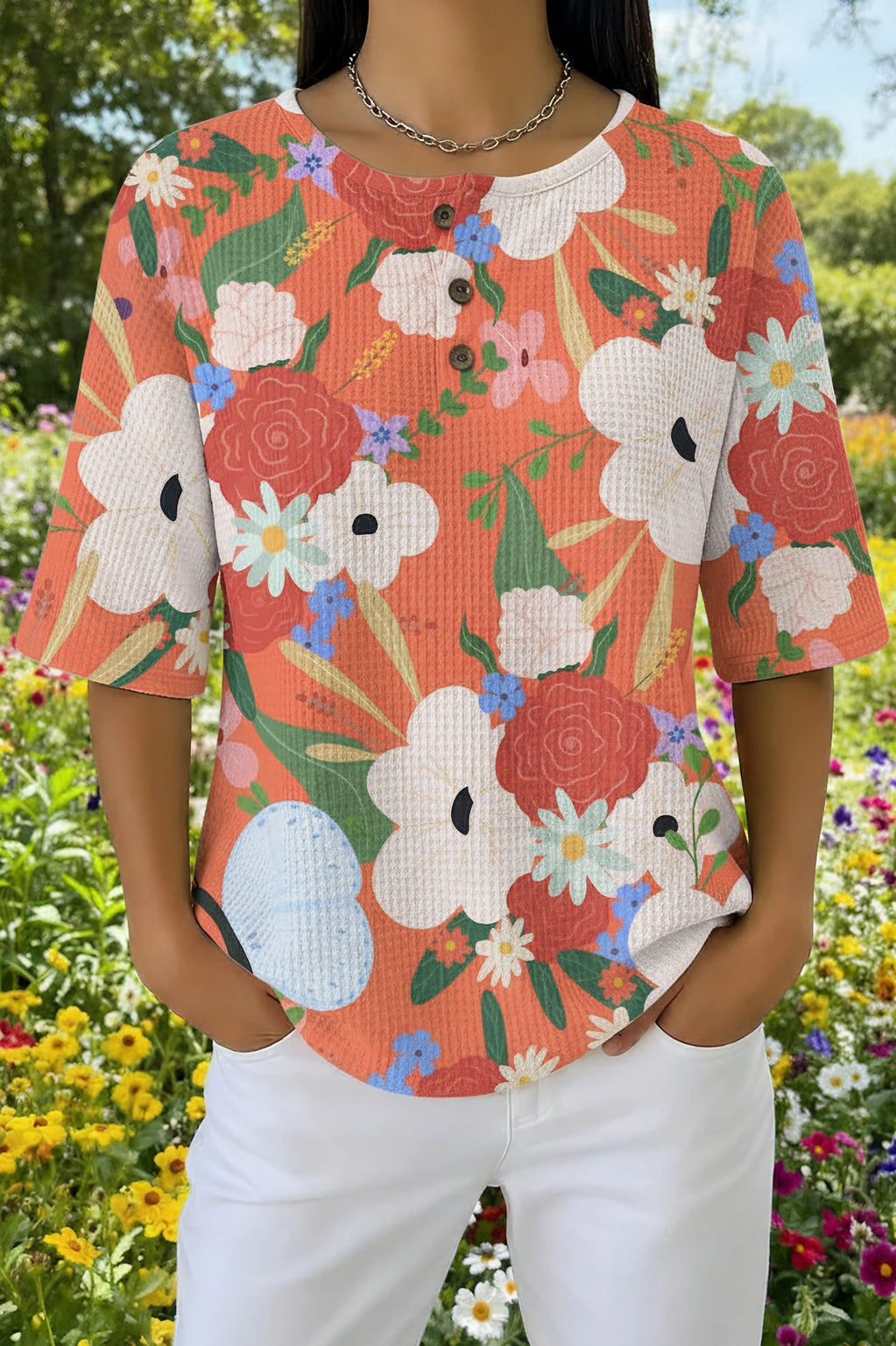 Abstract Floral Print Waffle Knit Button Placket Short Sleeve Top
