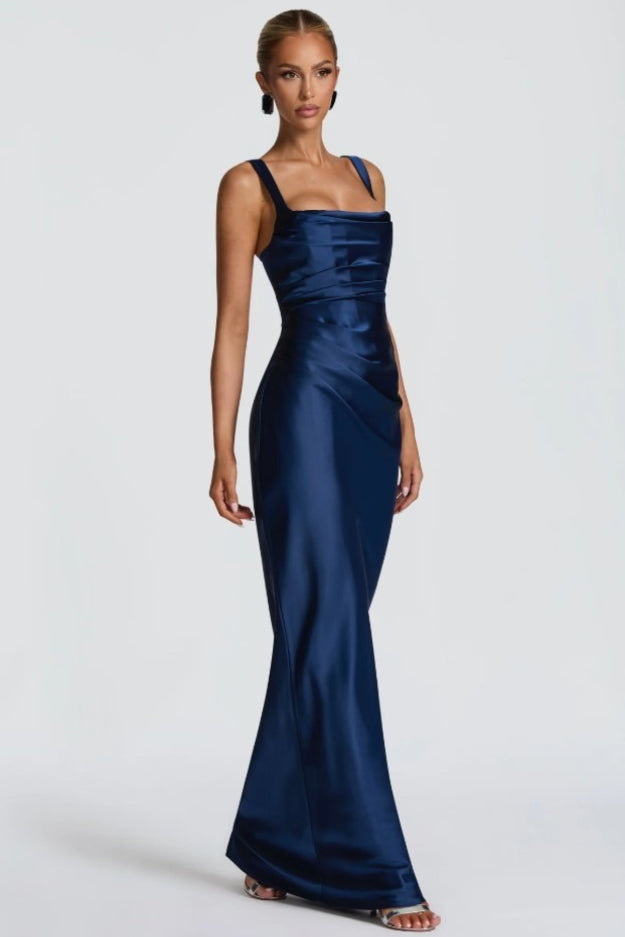 Square Neck Ruched Satin Bodycon Mermaid Dress - View 4
