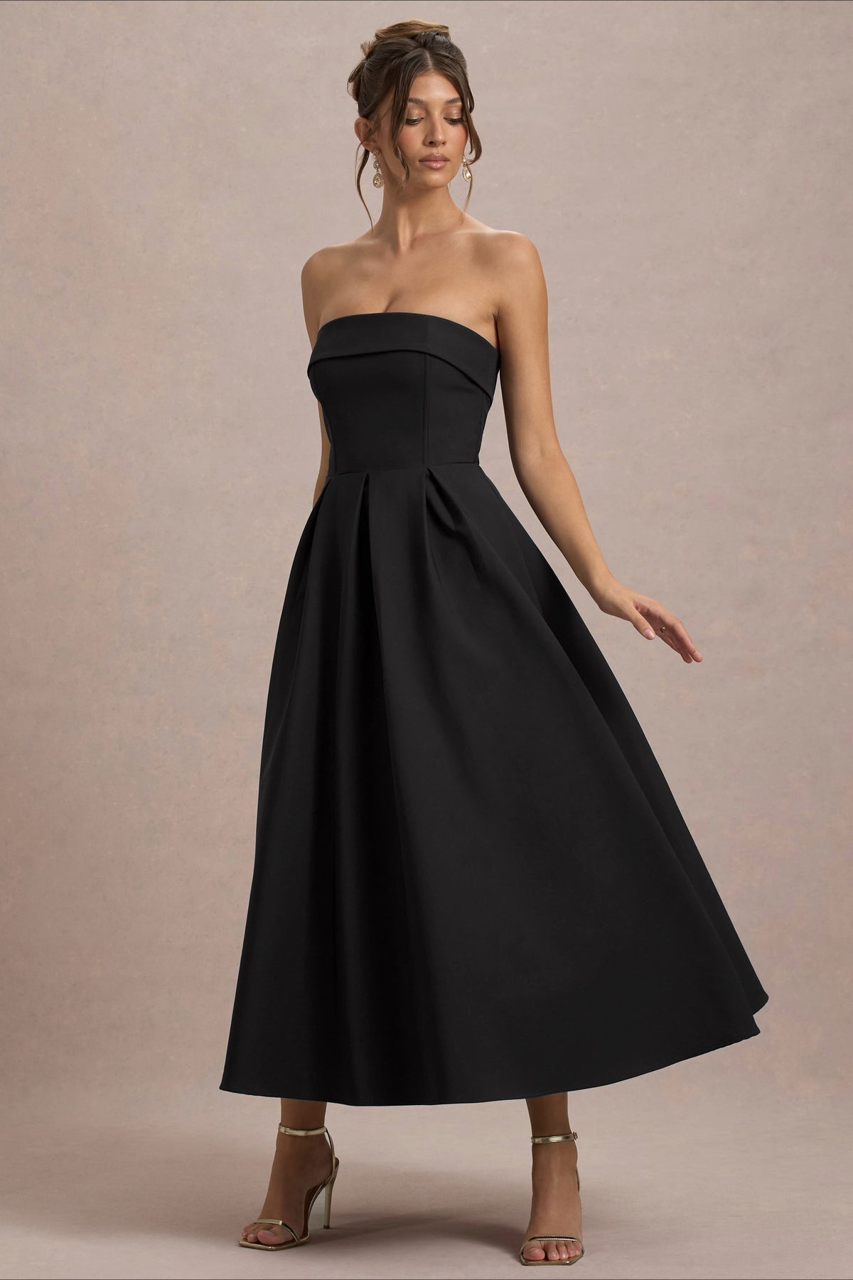 Strapless Fold Over Neck Box Pleat A-Line Midi Cocktail Dress - View 21