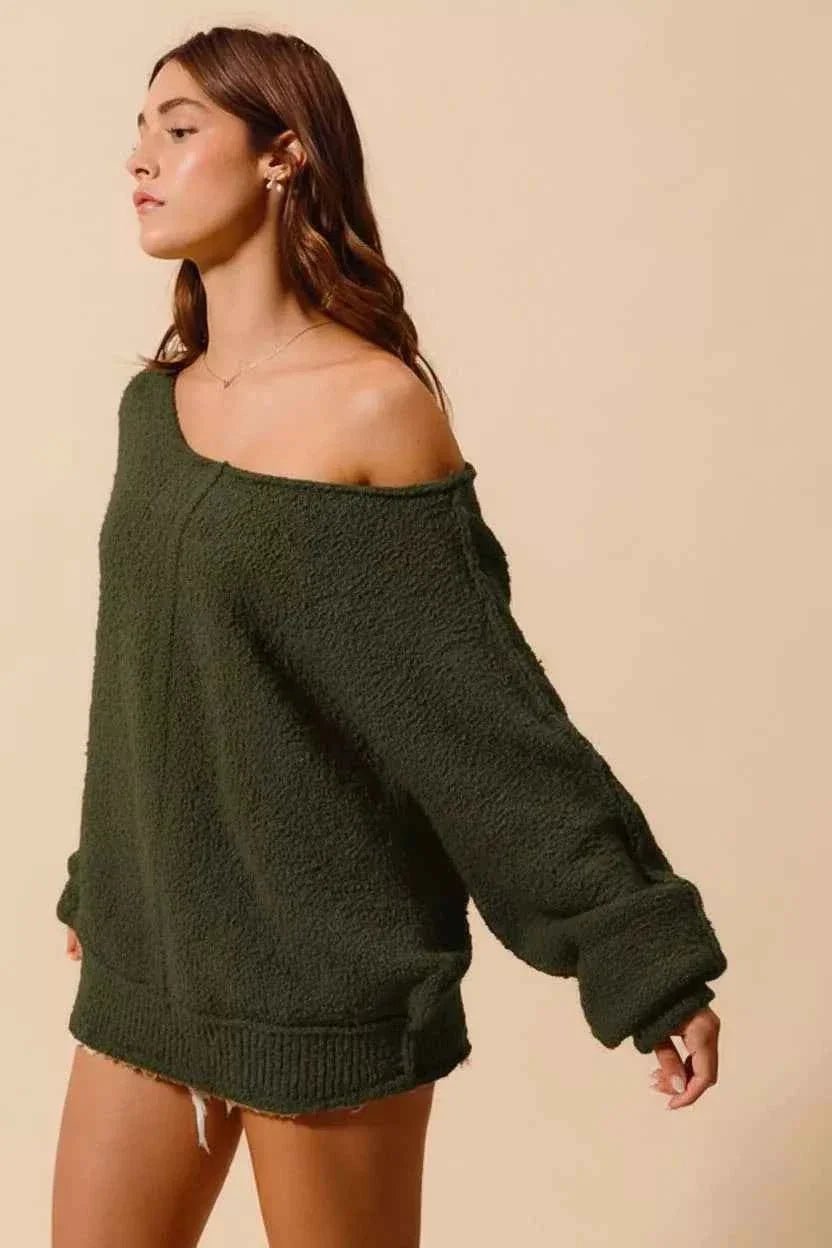 SO ME Loose Fit Exposed Seam Slouchy Boucle Sweater