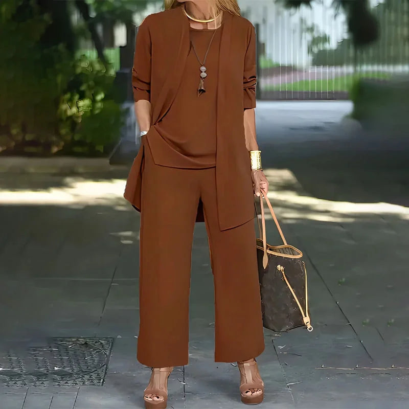 Round Neck Top Open Front Duster and Wide Leg Pants Three Piece Set 5