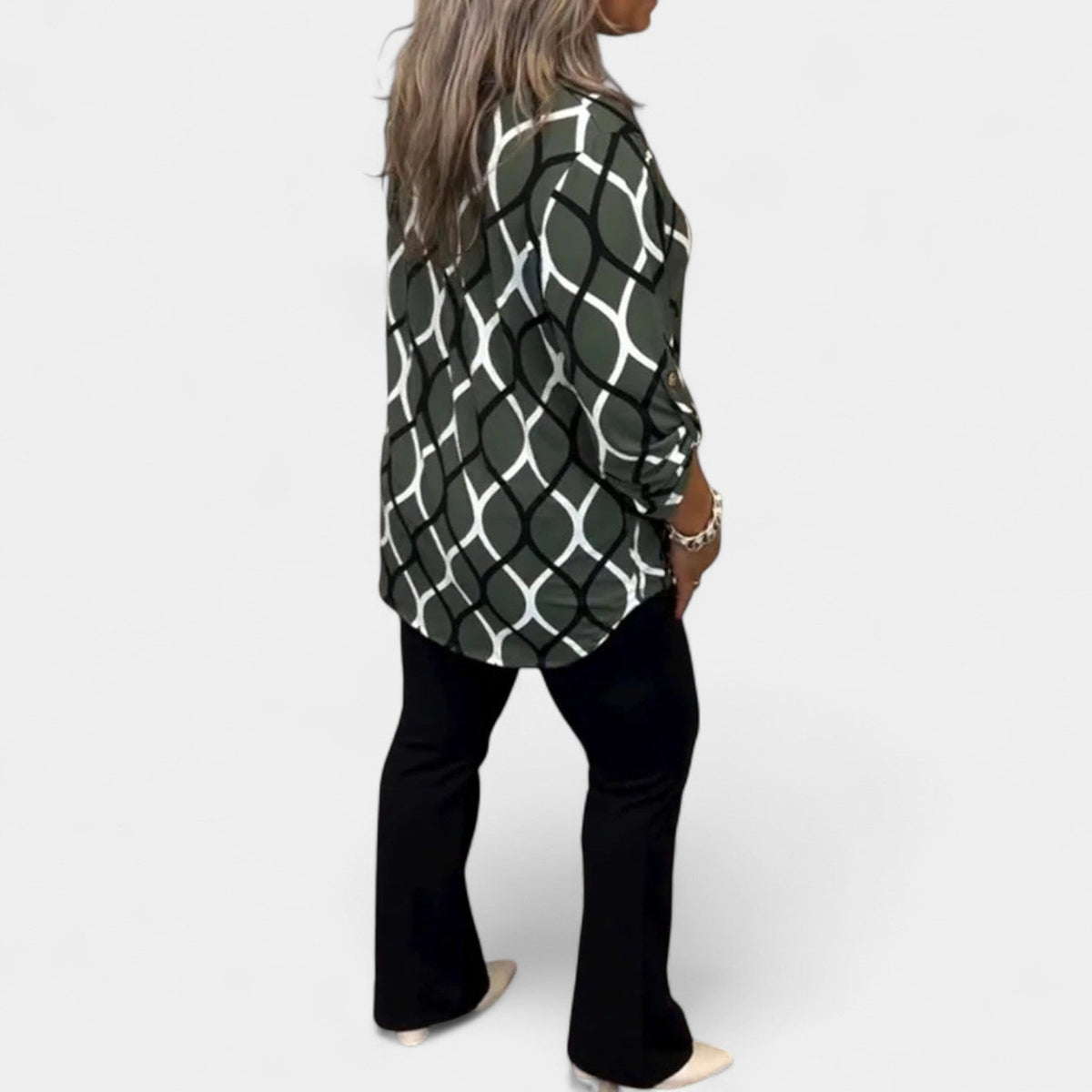 Geometric Print Collared Long Sleeve Blouse 2