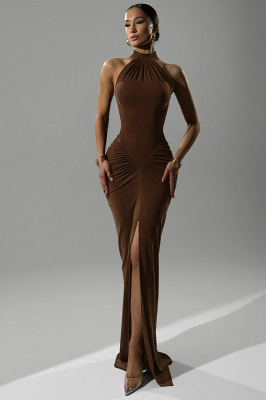 Halter Neck Ruched Draped Bodycon Maxi Party Gown - View 13