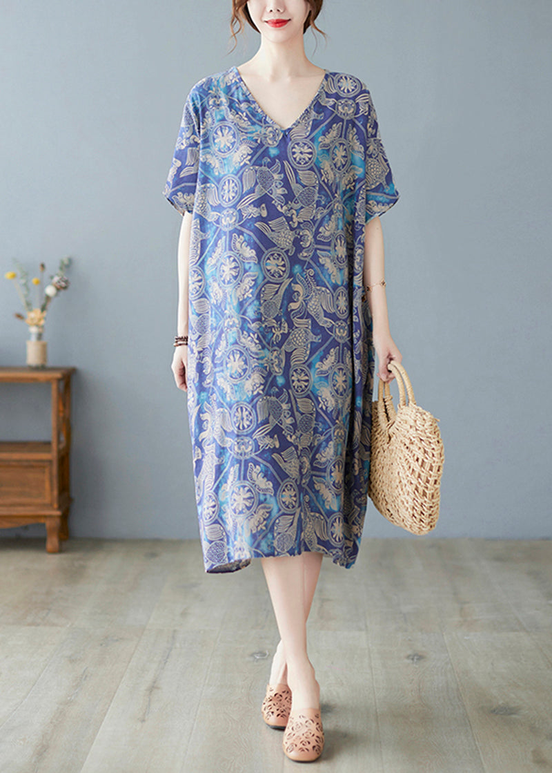 Crane Print V-Neck Short Sleeve Drop Shoulder Shift Midi Dress - View 3