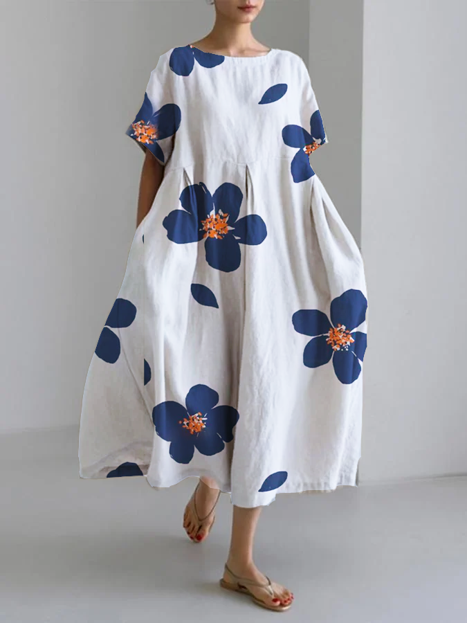 Floral Round Neck Short Sleeve Pocket Cocoon Midi Dress 2